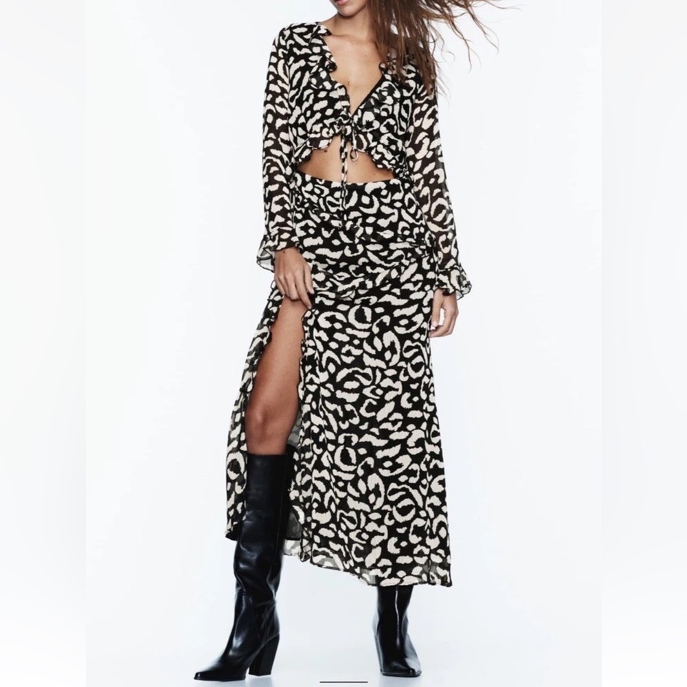 Zara | Ruffled Animal Print Sheer Cut Out Maci Dress XS
